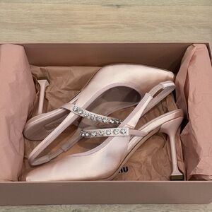 Miu Miu Pink Silk Heels with Rhinestone Accents